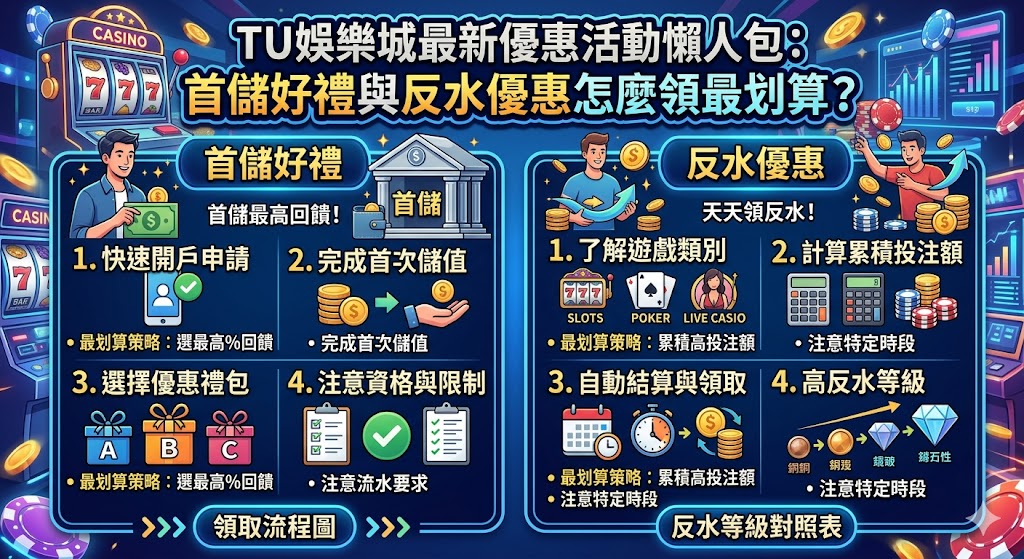 想要在 TU 娛樂城划算領取優惠，首推「首儲好禮」活動，新人首次儲值通常能獲得高額贈點，建議直接存滿活動上限以極大化回饋率。領取時需注意洗碼量要求，並於下注前向客服申請或在後台點選參加。至於「反水優惠」則是長期玩家的省錢關鍵，系統會根據會員等級與每日有效投注量自動結算回饋比例，投注額越高、反水比例越優。建議玩家搭配特定節日加碼活動進行儲值，並穩定累積有效流水，如此一來不僅能降低投注成本，更能透過高頻率的反水回饋實現錢滾錢，享受最超值的博弈體驗。